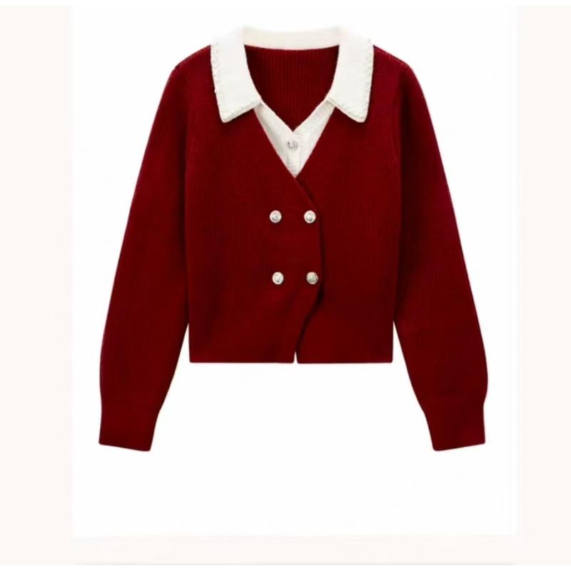 

Gray fake two-piece sweater women s autumn and winter new small beaded lapel long-sleeved knitted sweater top красный