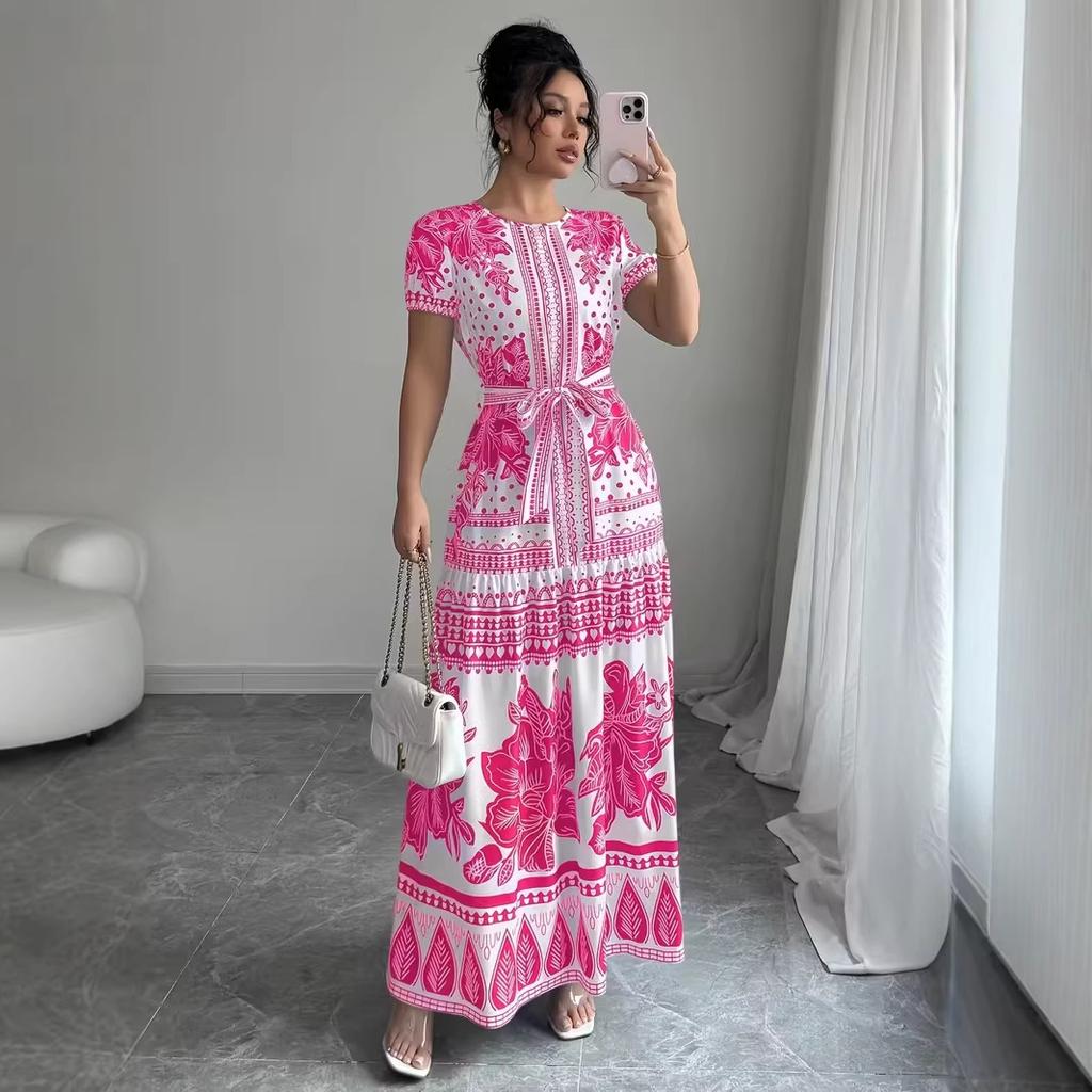 Blue and White Floral Print Short Sleeve Midi Dress with Tie Belt