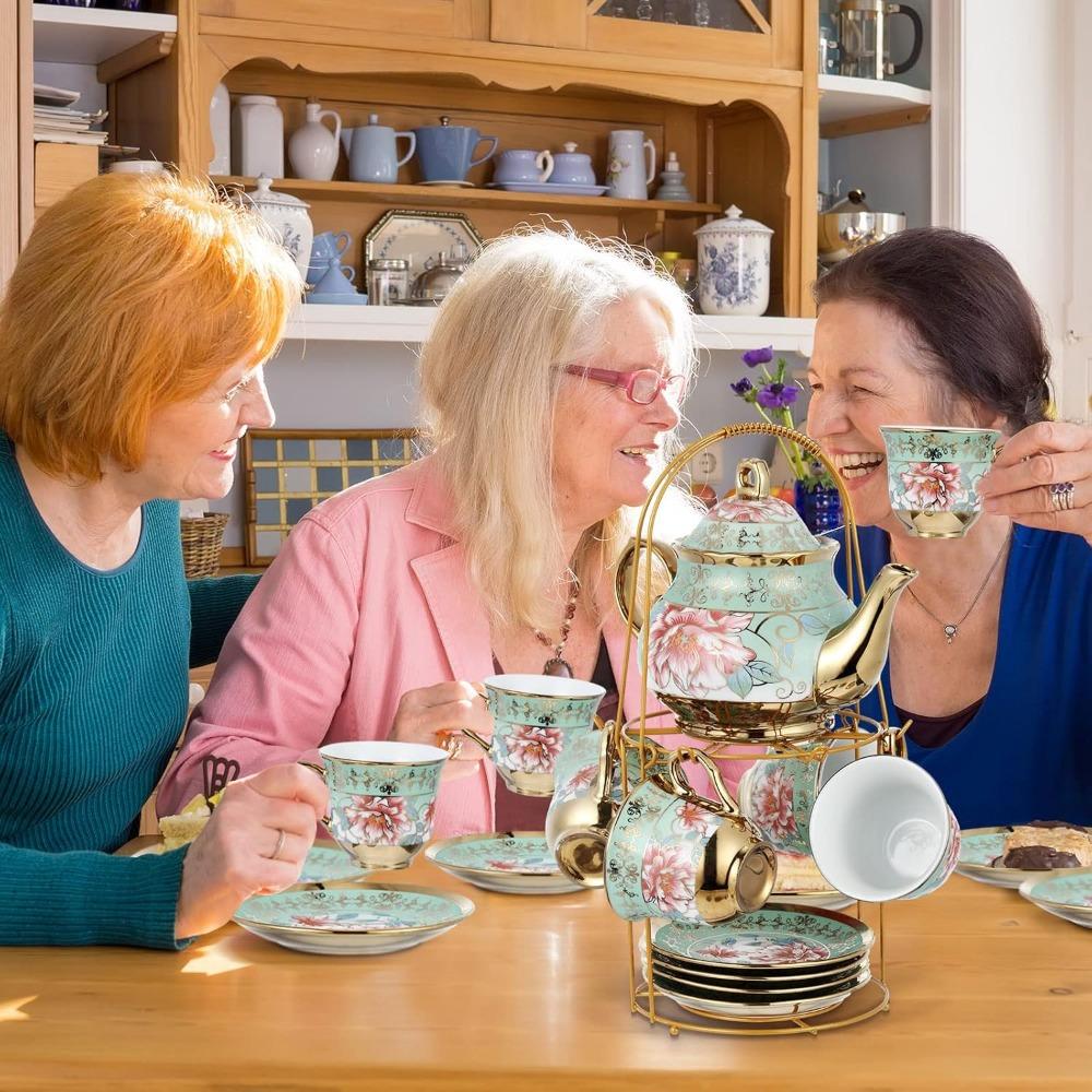 Adult Ceramic Tea Party Set (European Flower Painting Teapot, Teacup, Saucer, Spoon), Large (fresh Style)