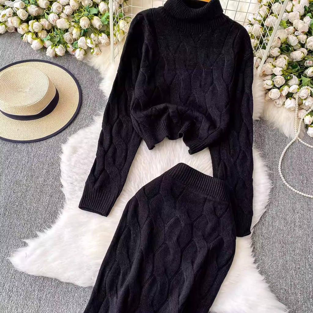 Autumn 2 Piece Set Turtleneck Sweater For Women Casual Fashion Style Chic Weave Top + High Waist Elegant Long Skirt