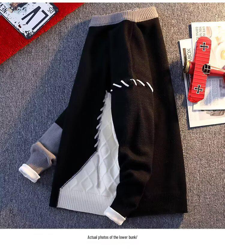 Unisex Patchwork Color-Block Sweater: Casual, Loose-Fit Knit Pullover for Autumn and Winter