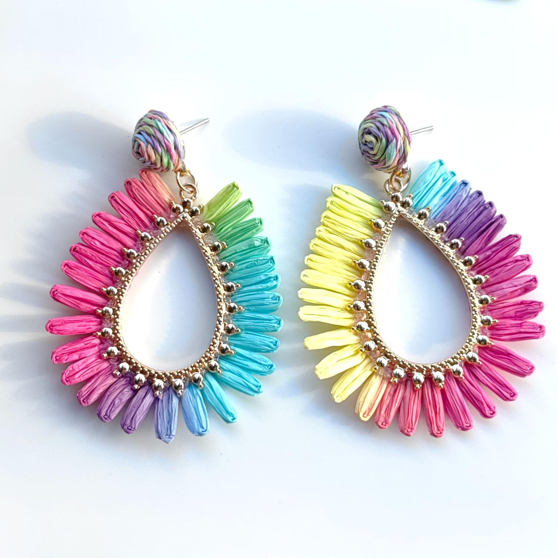 Colorful Raffia Geometric Water Drop Earrings - European  American Holiday Beach Style
