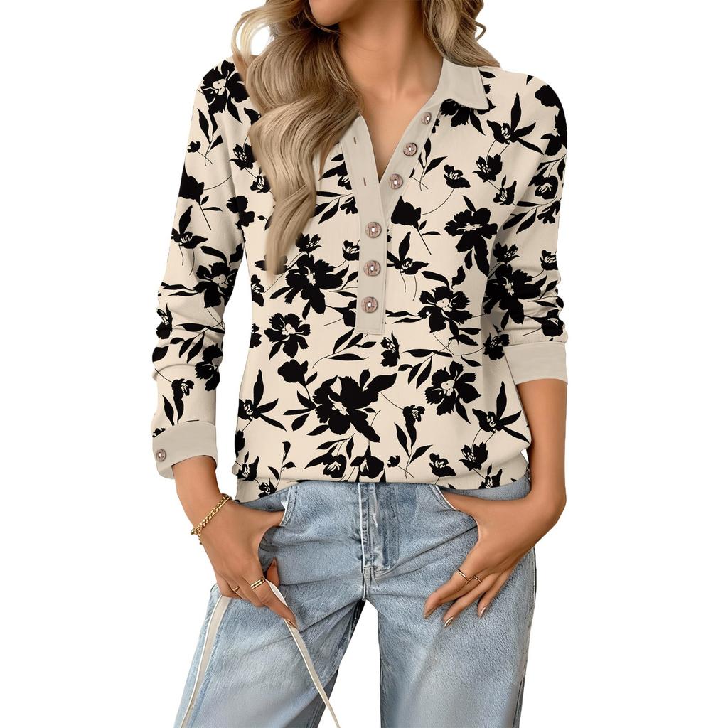 Women's relaxed V,neck long,sleeved button,down floral pullover top