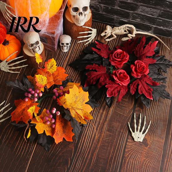 Seasonal Holiday Ornaments Halloween Floral Candle Ring, Artificial Maple Rose Wreath for Spooky Home Decorations Holder, Table Centerpiece