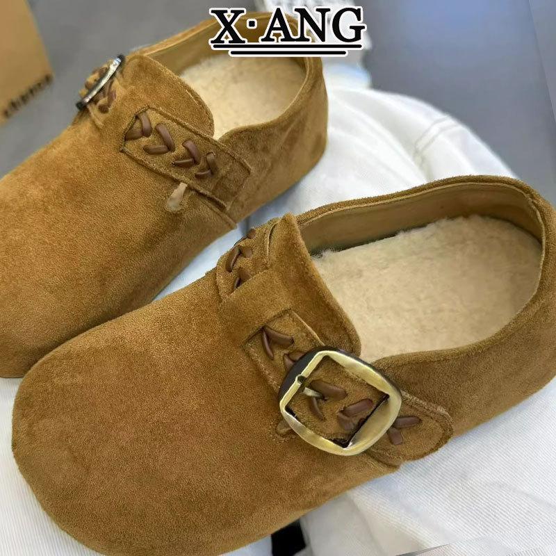 Leather all-inclusive children's inner height-increasing women's shoes autumn and winter new one-pedal plush cotton shoes