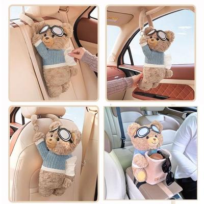 New Plush Car Tissue Box Cartoon Bear Hanging Tissue Box Hanging Armrest Box Paper Case Car Inner Decor