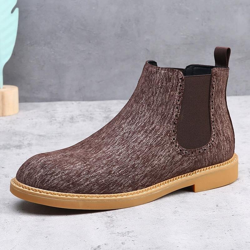 Bottines Chelsea pour hommes en velours noir et marron, chaussures habillées à la cheville haute, chaussures de marche pour hommes, bottes habillées Chelsea résistantes à l'usure Botas de Hombre