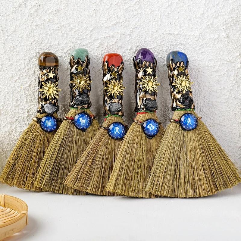 Exquisite Natural Crystal Column Point Stone Broom Handmade Mini Witch Broom Ornaments Rough Stone Broom Craft