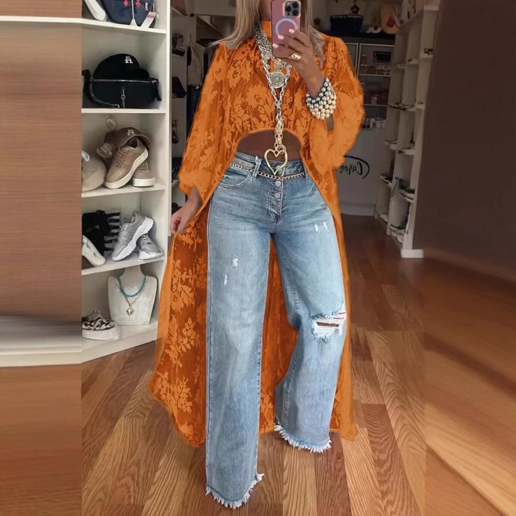 Women's Mock Neck Long Flare Sleeve Lace Kimono Irregular Long Cover Up Top