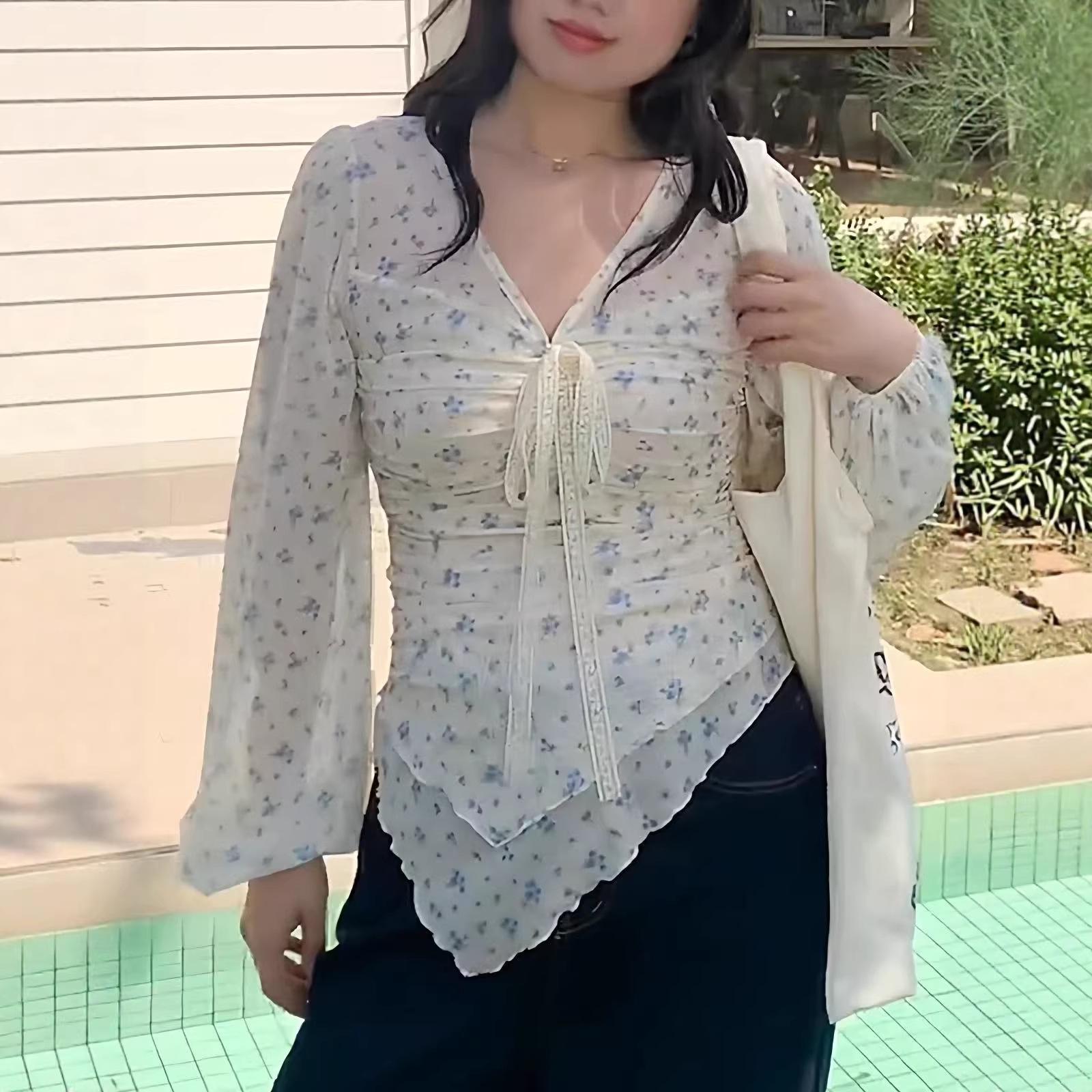 Plus Size Blue Floral Lace Tie-Up Irregular Long Sleeve Spring Shirt XXL