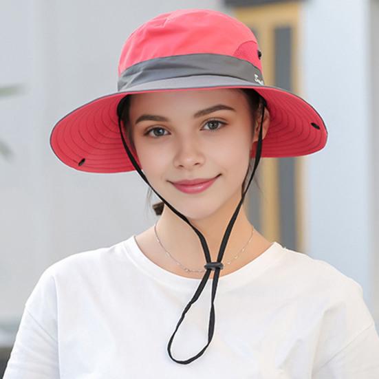 Women Summer Sun Hat Hollow Mesh Windproof Strap Wide Brim Anti-UV Sun Protection Foldable Portable Gardening Fishing Travel Cap Outdoor Fisherman Hat