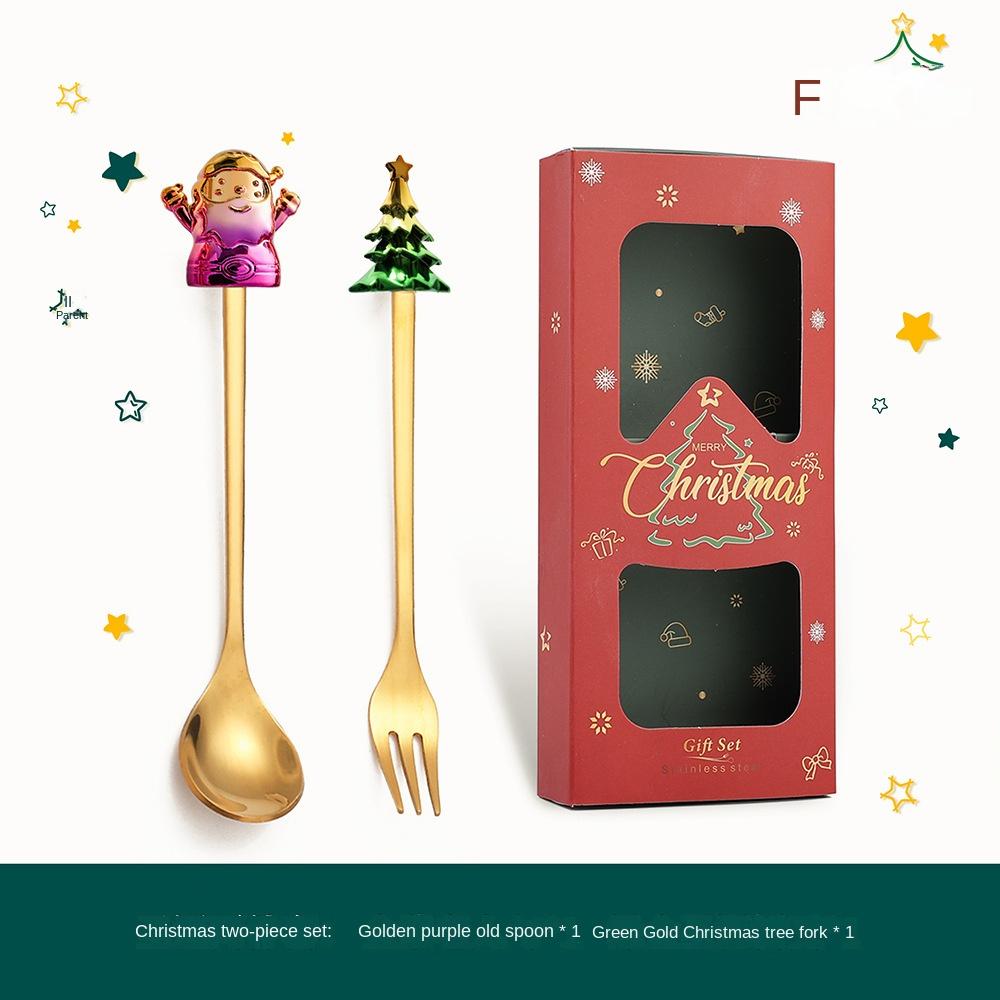 HANYANG juleskjesett julegavebestikk To sett med dessertskjeer og gafler Santa elg dukkeskje