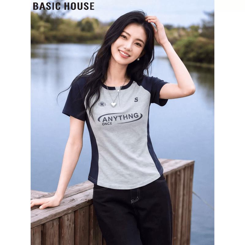 Basic House Women's Color Block Letter Print Cotton T-Shirt