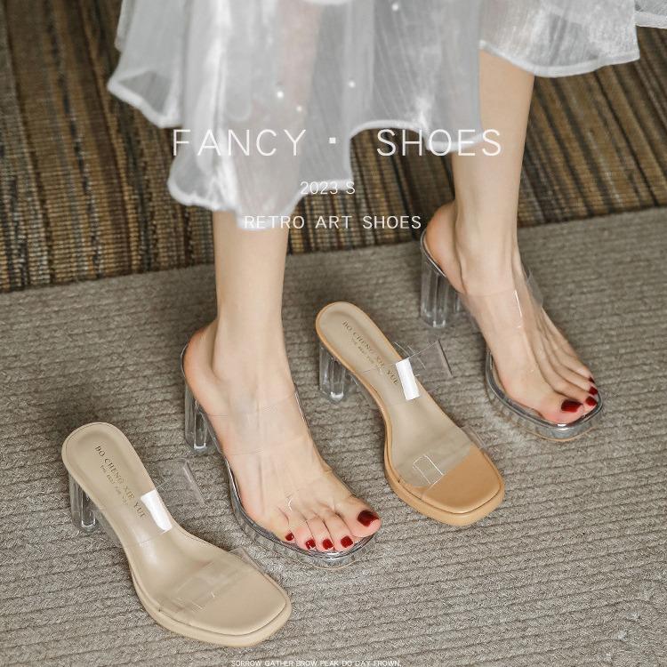 Sheepskin high-heeled transparent sandals for women's 2024 summer new waterproof table crystal heel with cool slippers for women