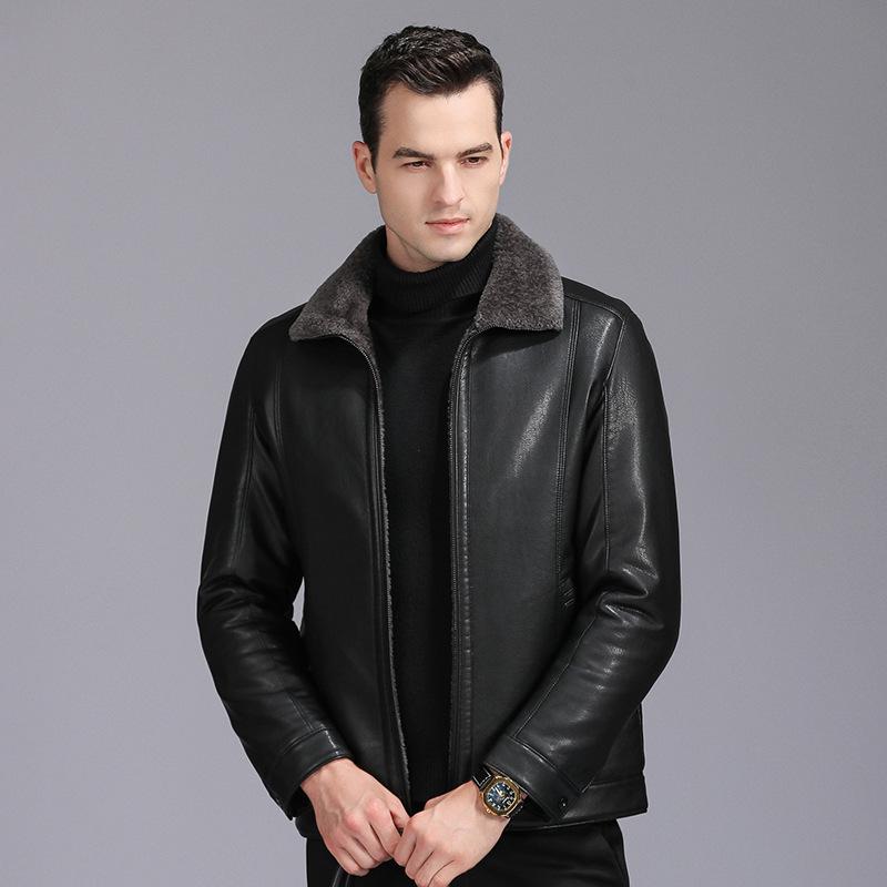 Genuine Leather Jacket Men's Fur Integrated Velvet Thickened Leather Jacket Lapel Zipper Jacket Winter Dad Wear Sheepskin