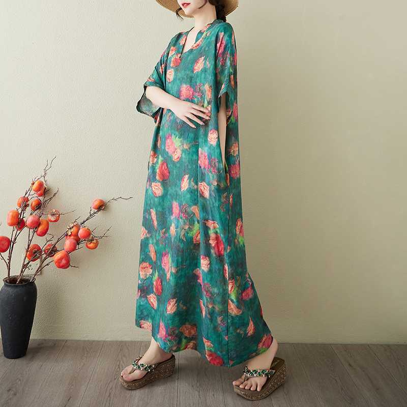 Women's Vintage Long Dress with Cotton and Linen Patterns