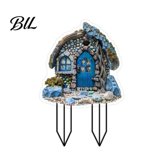 Outdoor Plant Decoration Stone House Garden Stake, 2D Acrylic Blue Door Yard Art Moss Effect Ornament Fairy Tale Cottage for Lawn Planter Decor A