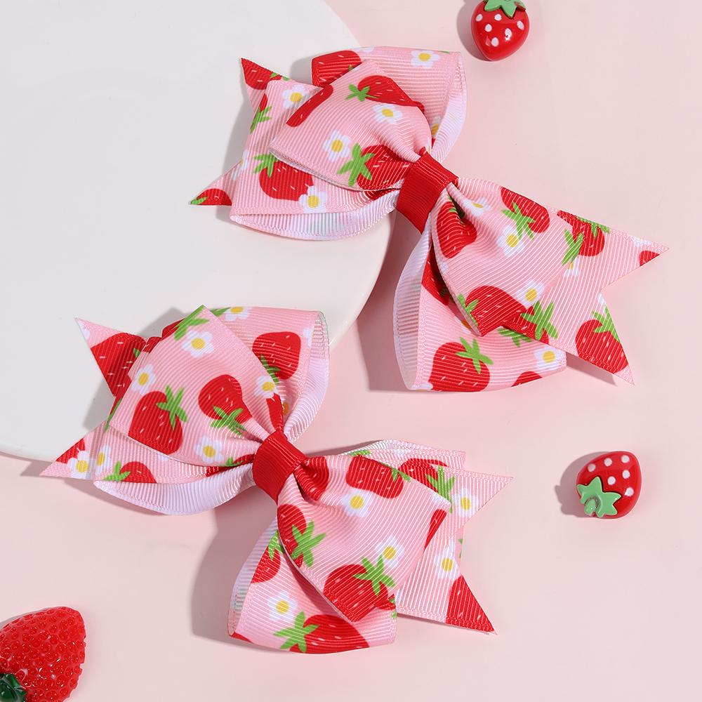 2Pcs Strawberry Bow Hair Clips Cute Red Floral Hairpins Ribbon Barrette For Girls Children Kids Sweet Kawaii Hair Accessories