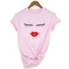 Wimpern Rote Lippen Druck Damen Sommer T-Shirts Lässig Grafik Kurzarm T-Shirt Weiblich Weiß