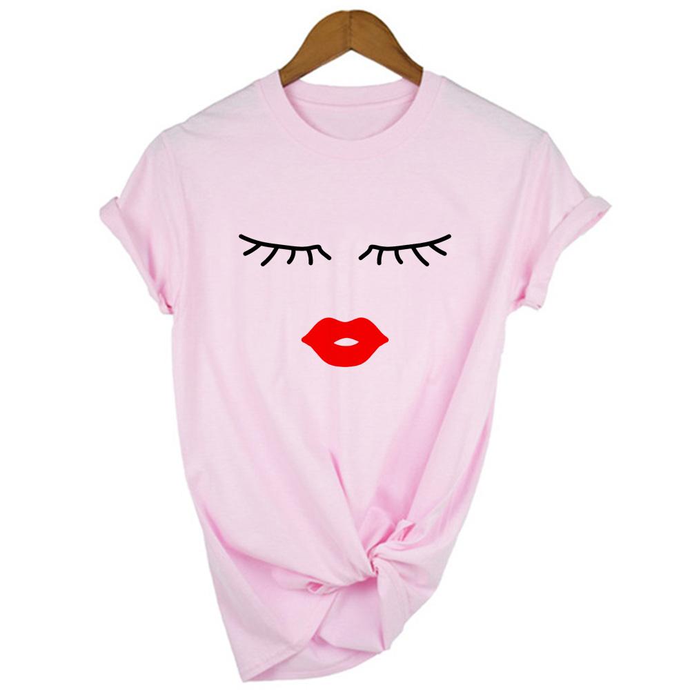 Wimpern Rote Lippen Druck Damen Sommer T-Shirts Lässig Grafik Kurzarm T-Shirt Weiblich Weiß