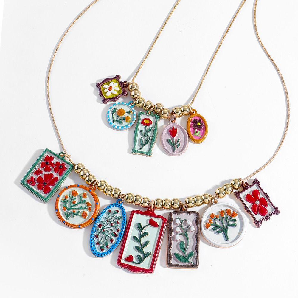 Metal Chain Enamel Floral Necklace Layered Charm Flower Pendant Necklace Ethnic Style Exaggerated Beads Clavicle Chain Gift