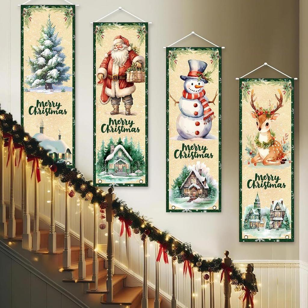 4Pcs Christmas Banners Porch Signs Decor Xmas Hanging Banner Backdrop Decorations Christmas Tree Santa Snowman Elk Hanging