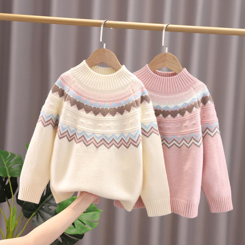 Girls' Trendy Thick Knit Sweater for Autumn/Winter 2025 - Stylish Round Neck Pullover, Medium/Large Children's Wear.