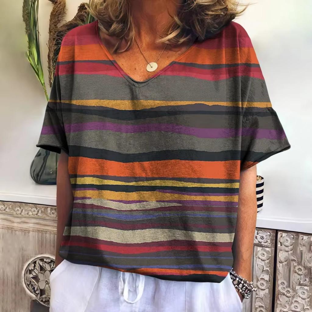 Damen V-Ausschnitt T-Shirt Sommer Casual Mode Kurzarm Neuer Trend Gestreift Harajuku Stil Locker Damenbekleidung