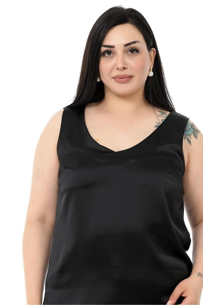 Damen Übergröße Bluse Plus Size V-Ausschnitt Ärmellos Satin Smaragdgrüne Bluse mit Seitenschlitzen