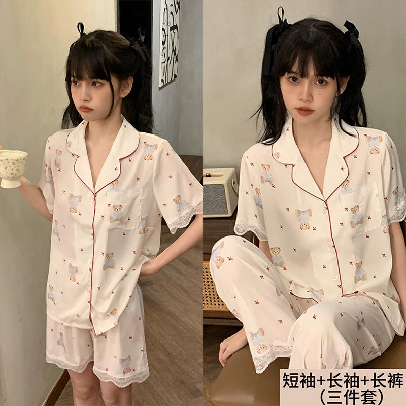 Silk Spring Bear Three-piece Women's Pajamas Cartoon Girl Wind Spring Summer Ice Silk Short-sleeved Cool Loungewear