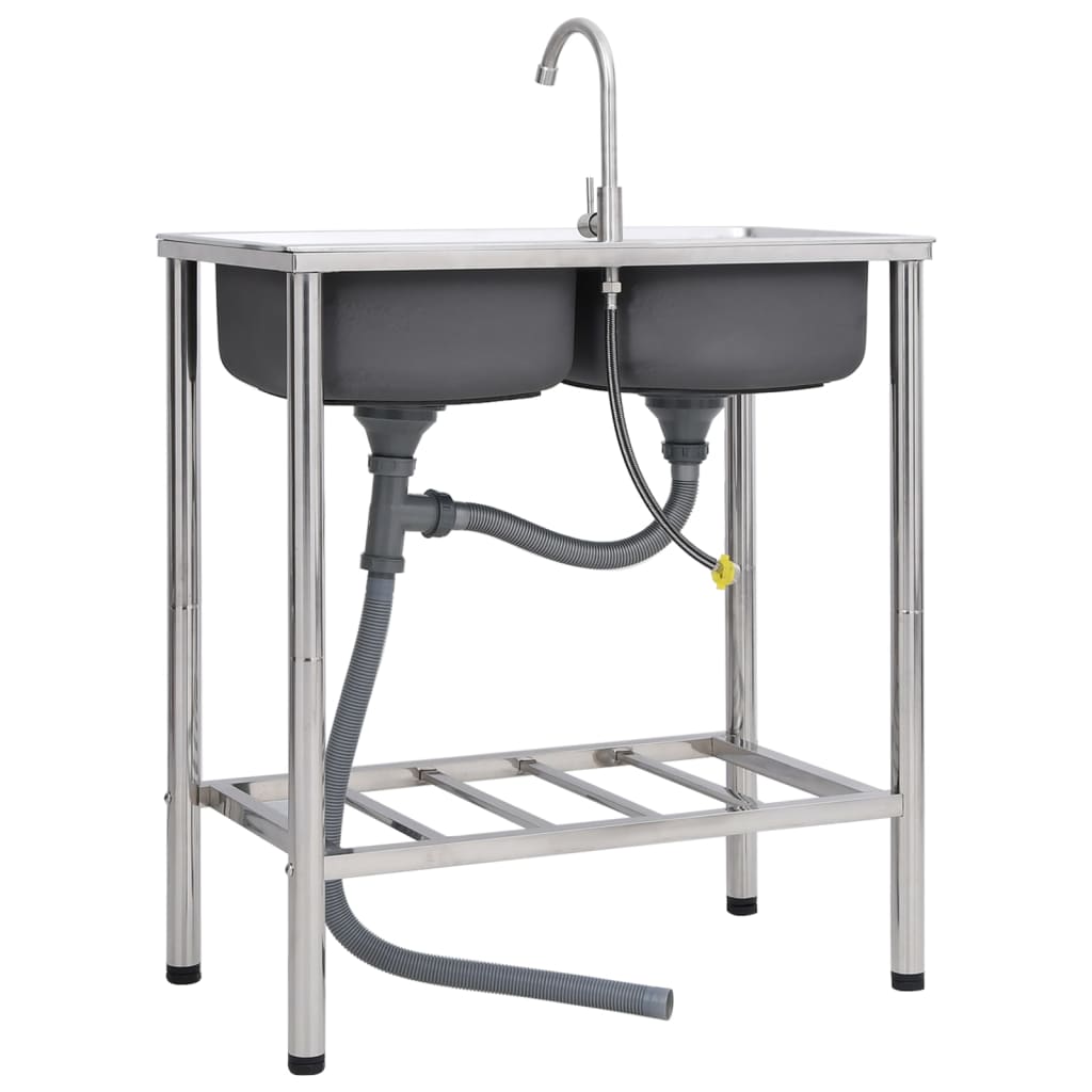 Camping Sink with Double Basin and Faucet Stainless Steel