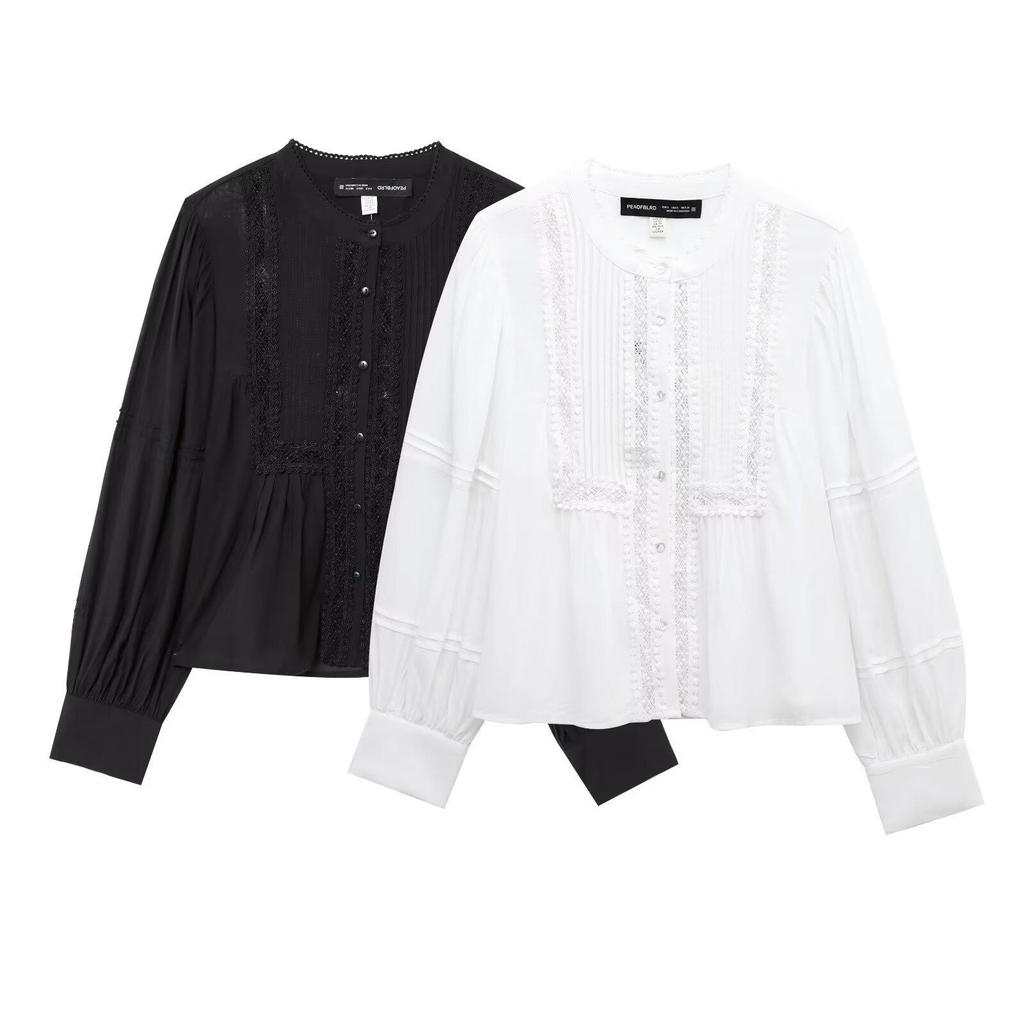 Spring 2025 Women's European and American Style Lace Pleated Shirt Top