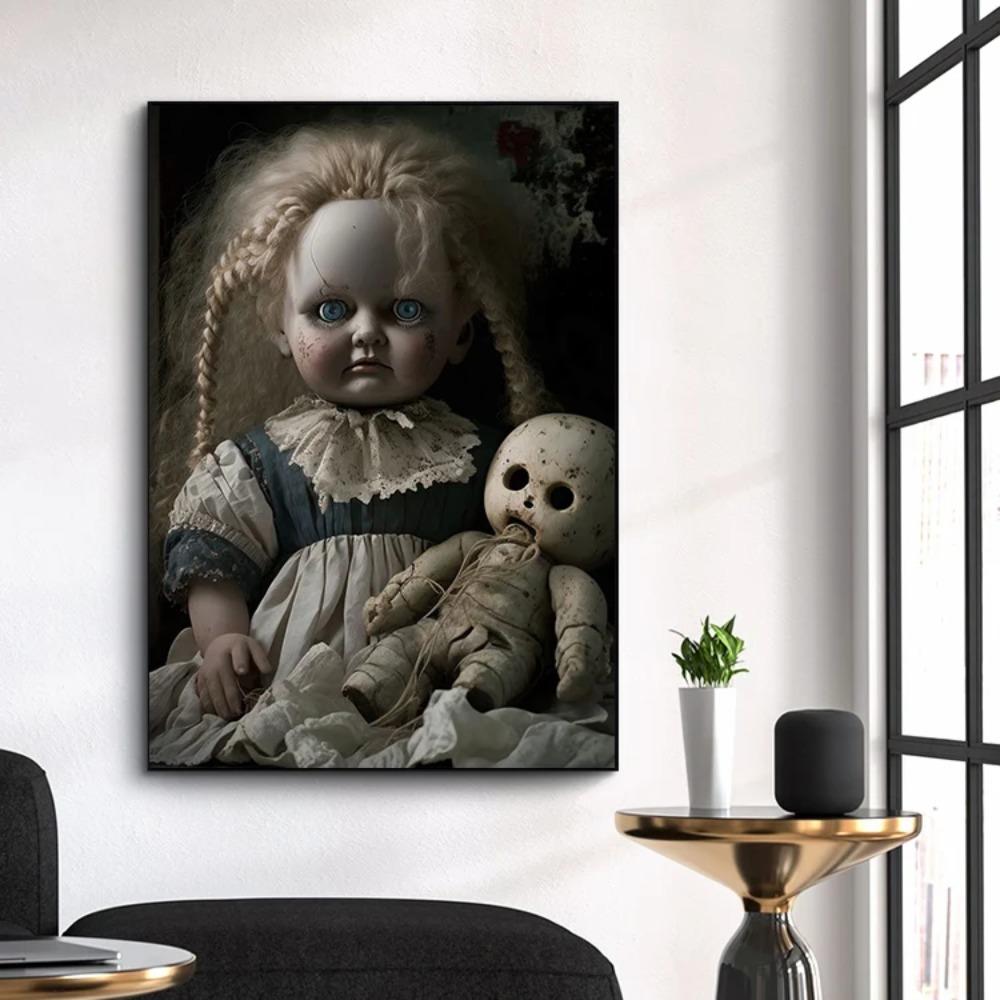 Vintage Gruselige Puppe Poster Blondes Haar Rissiges Gesicht Gotische Verfluchte Puppe Drucke Leinwandbild Wandbild Heim Wohnzimmer Dekor