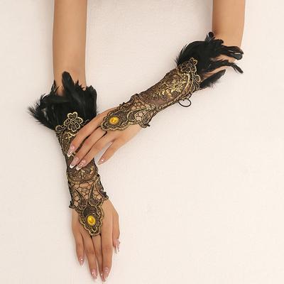 Naturfeder Goldspitze Lange Handschuhe Damen Party Sexy Fingerlose Handschuhe