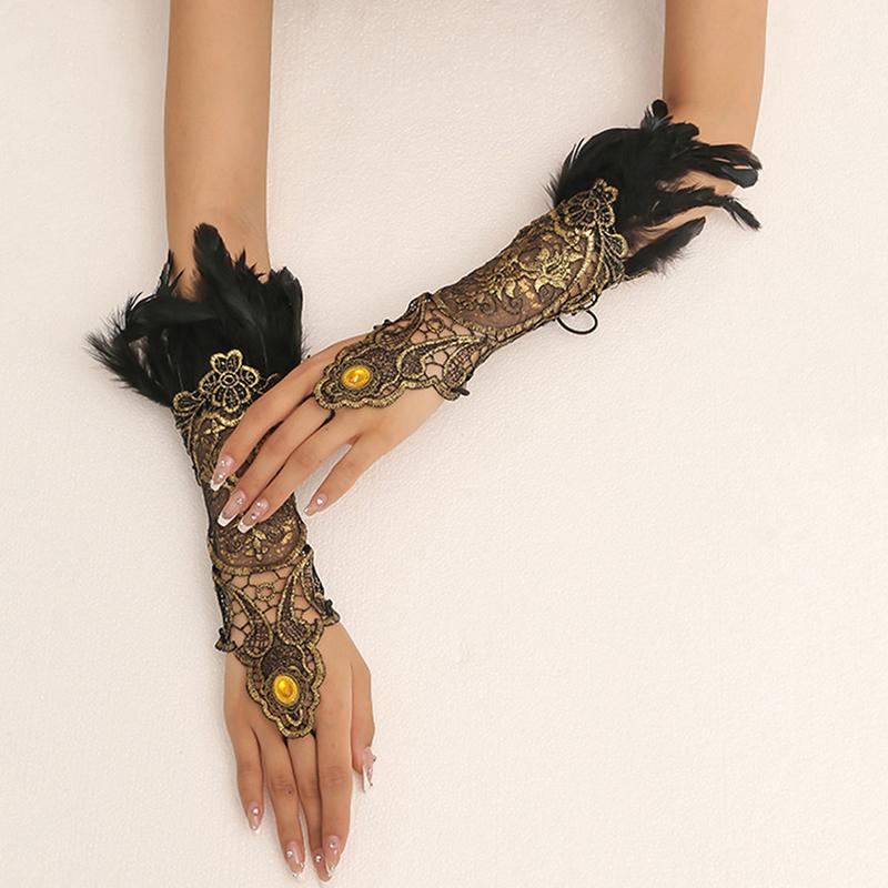 Gothic Feather Gold Lace Long Glove Bracelet Women Party Sexy Fingerless Gloves Exaggerated Lace Fishnet Gloves Accessories