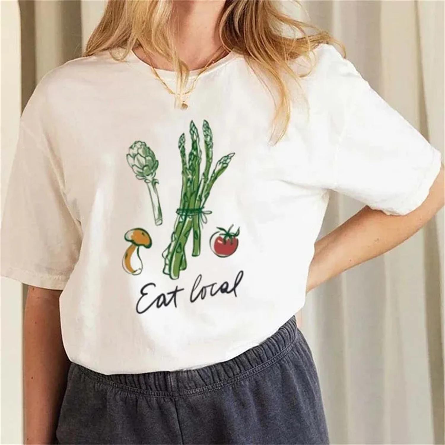 

Printed Fresh Vegetable Pattern Cute T-Shirt 90s Short Sleeved Women s Fashion Clothing Round Neck Top Women s Casual T-Shirt L білий
