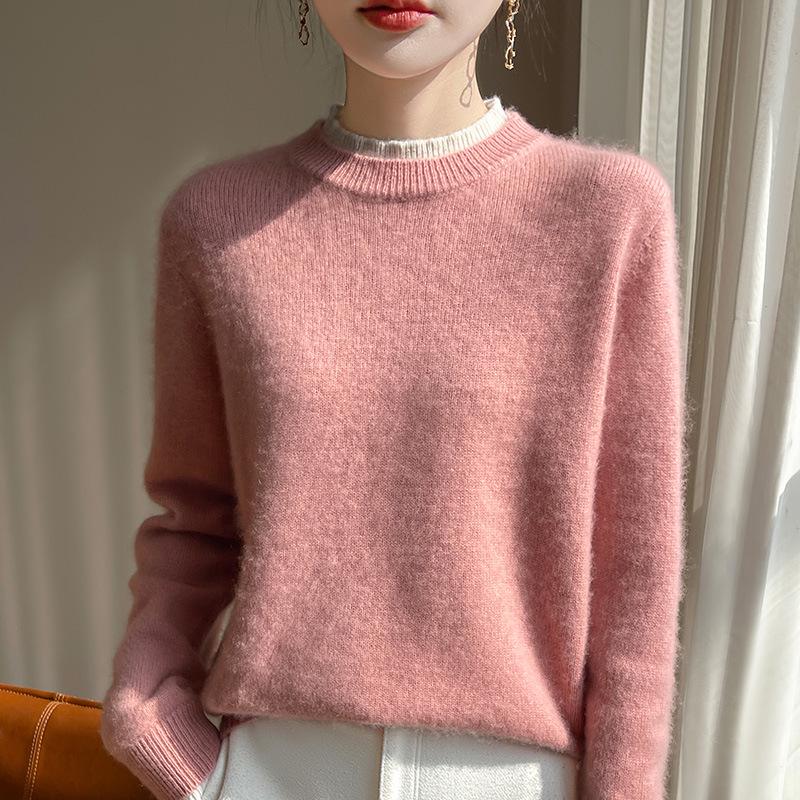 Women's Pink Color Block Wool Sweater: Autumn/Winter, Loose, Thick, Round Neck, Fake Two-Piece, Lazy Knit Base Layer