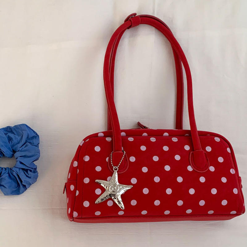 Korean Style Polka Dot Handbag Retro Bowling Bag Large Capacity Shoulder Bag Casual And Simple Underarm Bag With Star Charm