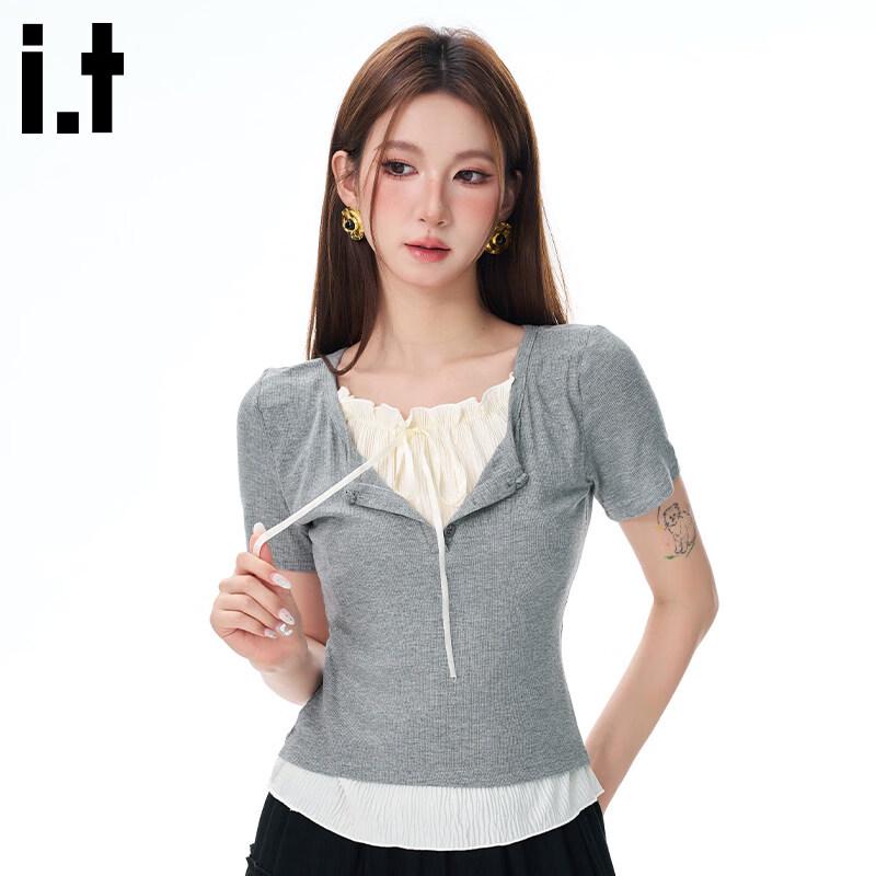 CHOCOOLATEit Korean Style Faux Two-Piece Lace Bow Short-Sleeve Top XL серый
