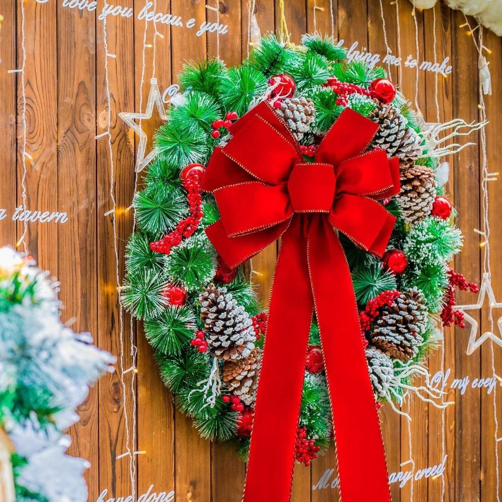 Large Red Christmas Bows Outdoor Decorations Christmas Tree Top Bow Velvet Wreath with Glitter Gold Edge Front Door Decoration
