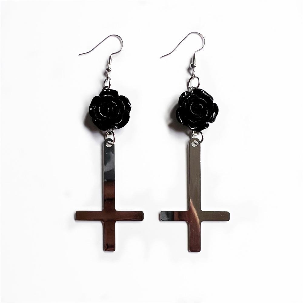 Gothic Black Roses and Cross Pendant Earrings Jewelry