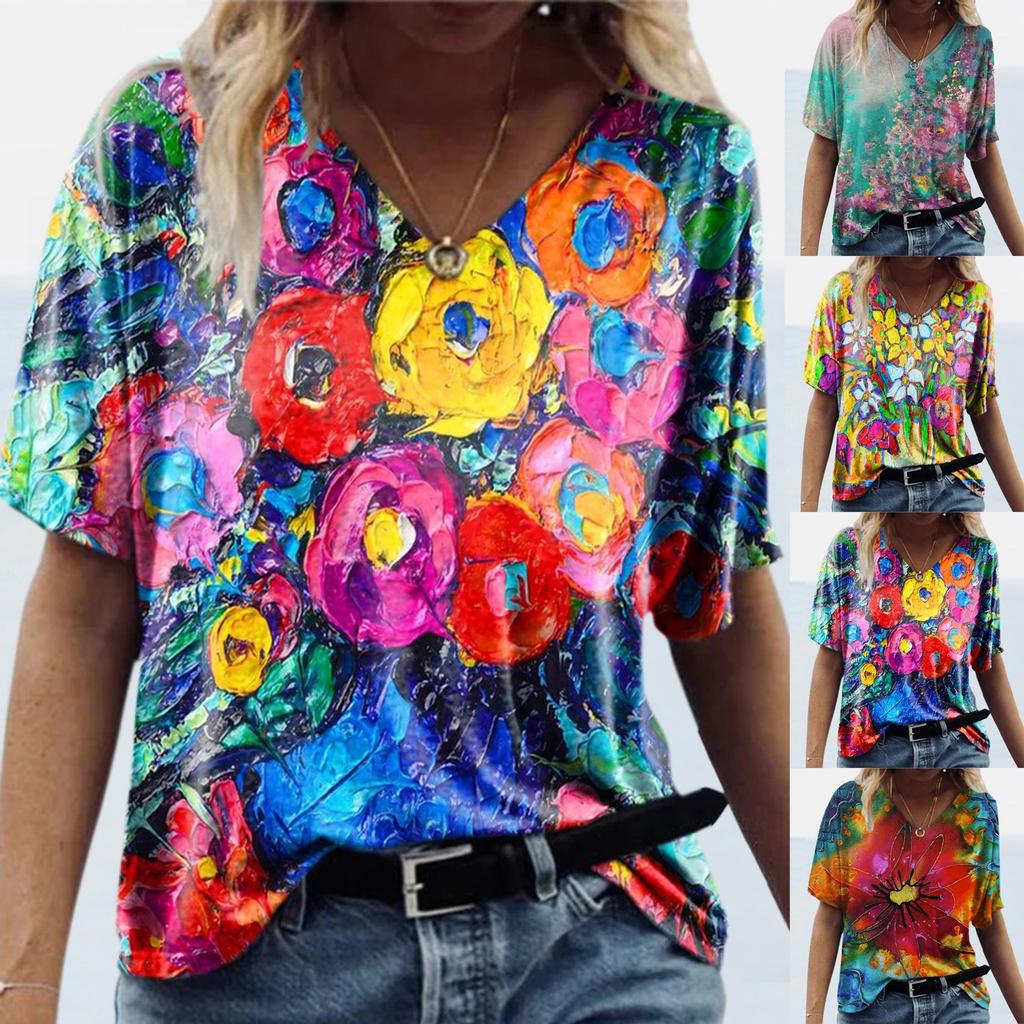Women Floral  Print V-Neck Short-Sleeved Top T-Shirt