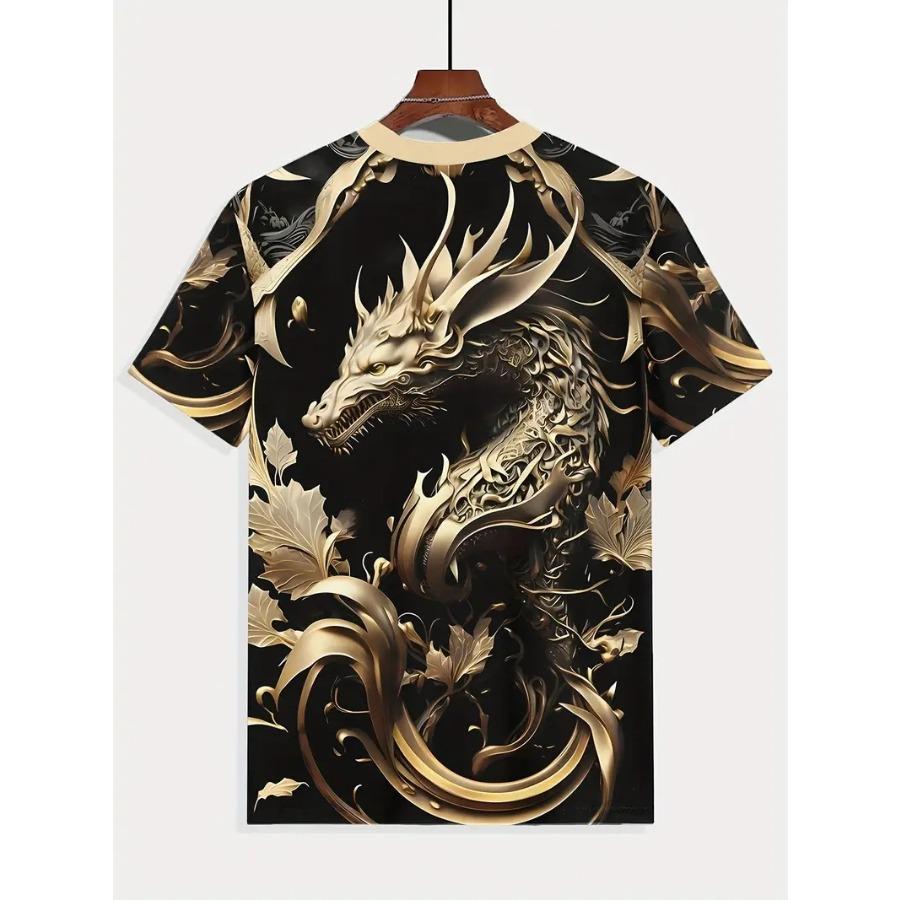 Tricou cu mânecă scurtă și gât rotund pentru bărbați cu animal dragon - Design îndrăzneț și inedit de roman grafic pentru bărbați, topuri de vară în stil outdoor