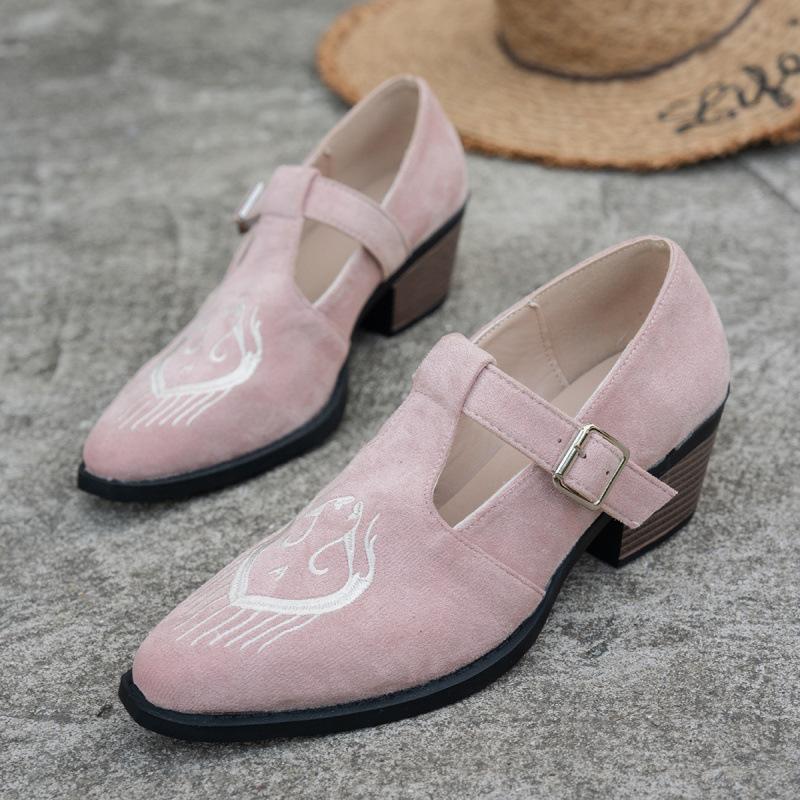 Large Size Pointed Single Shoes Autumn New European and American Light Mouth Thick Heel Embroidered Single Shoes