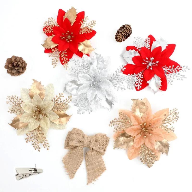 14cm Glitzer Künstliche Weihnachtsblumen Weihnachtsbaumschmuck Frohe Weihnachten Dekorationen für Zuhause Neujahrsgeschenk