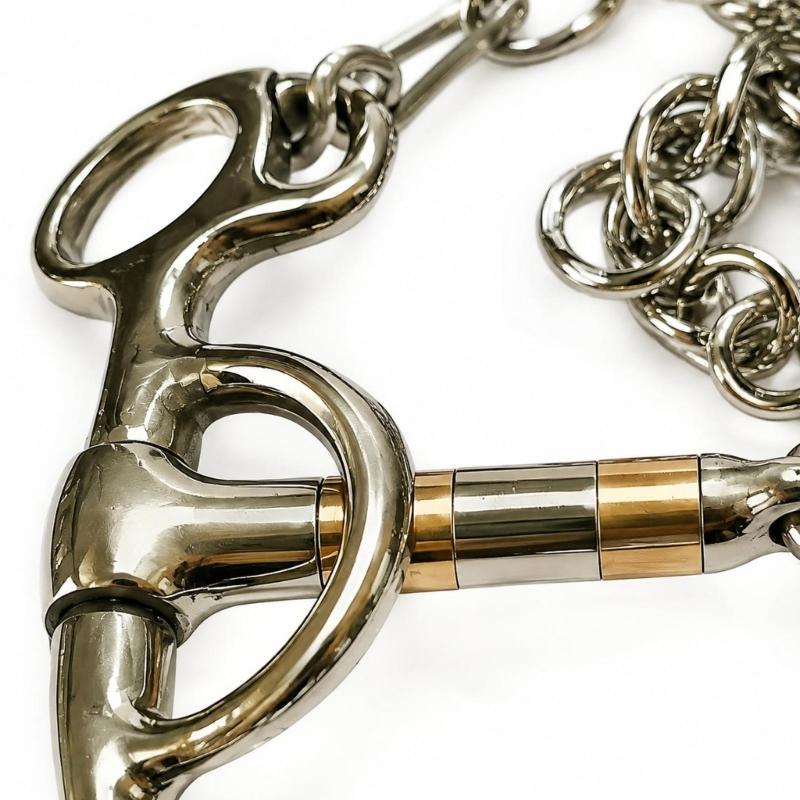 Horse Training Bit with Long Side Arms and Multiple Connection Rings, Three-Piece Jointed Center, Moving Metal Sections, Stainless Steel, and Curb