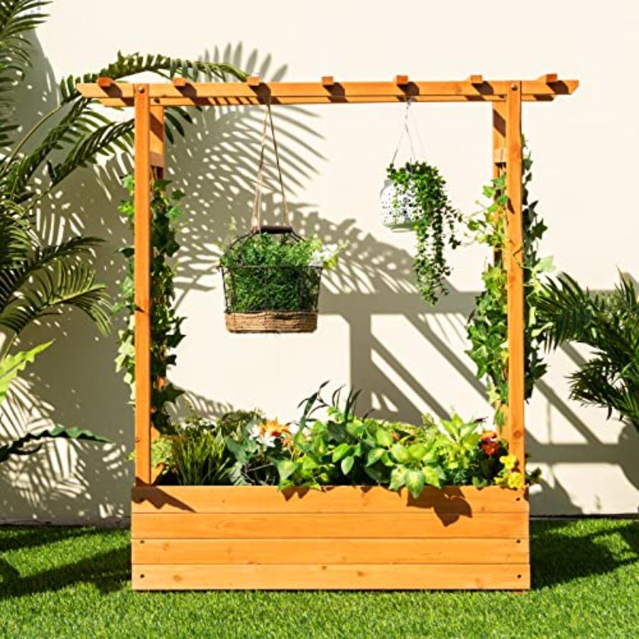 Raised Garden Bed with Arch Trellis Wood Planter Box with Hanging Roof Side Trellis 4 Drainage Holes Above Ground Elevated Gard