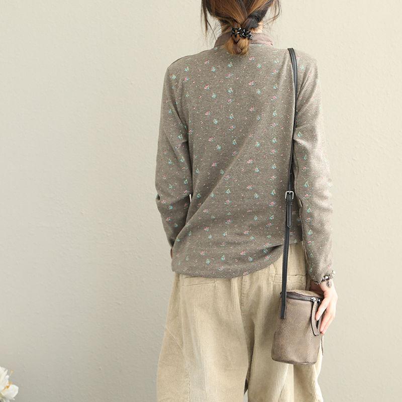 Dam Vår och Höst Retro Ståkrage Blommig T-shirt Dam Långärmad Skjorta Topp Dam Underlags-skjorta