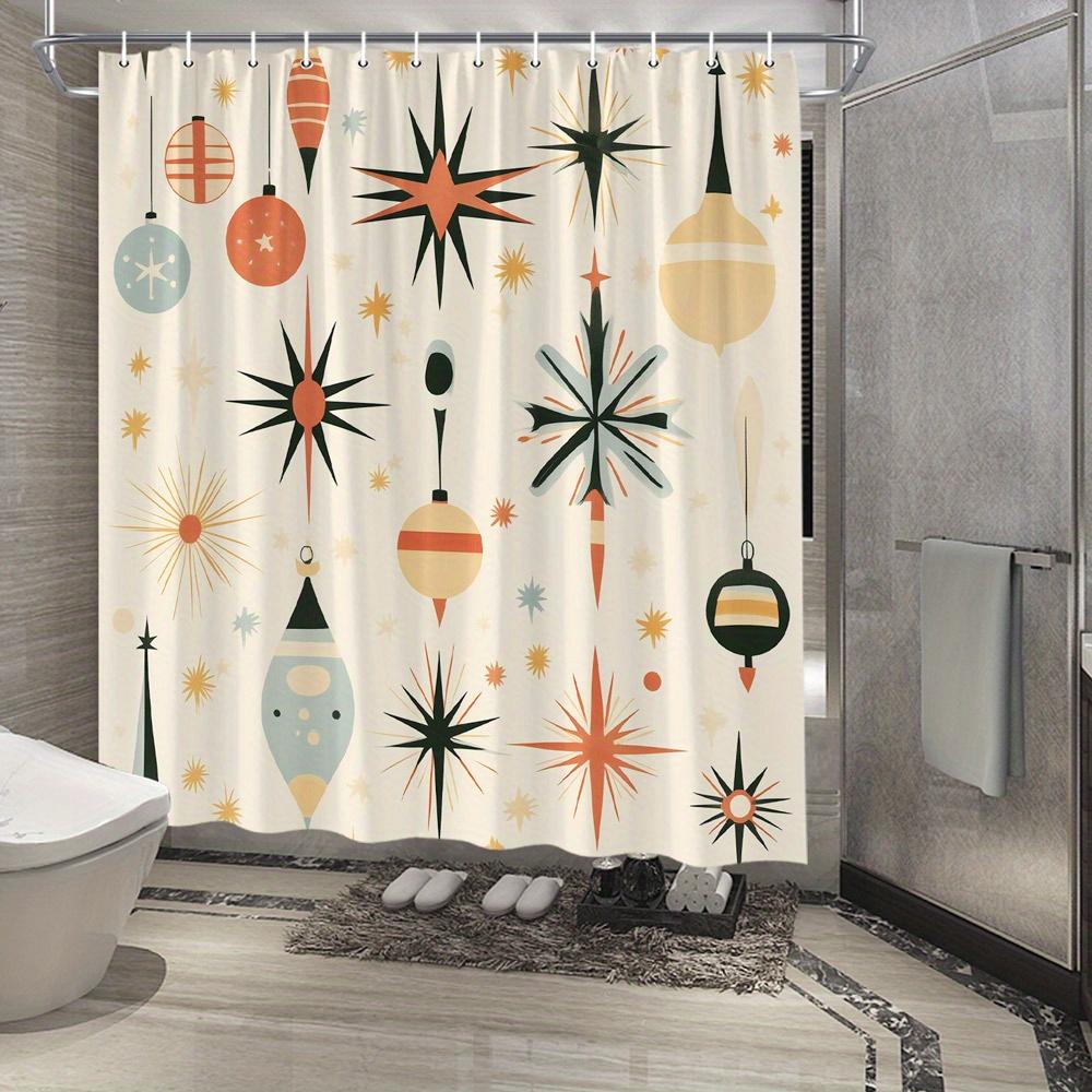 1pc Mid-Century Modern Christmas Shower Curtain,  Vintage Ornaments & Stars Design, Festive Holiday Bathroom Decor