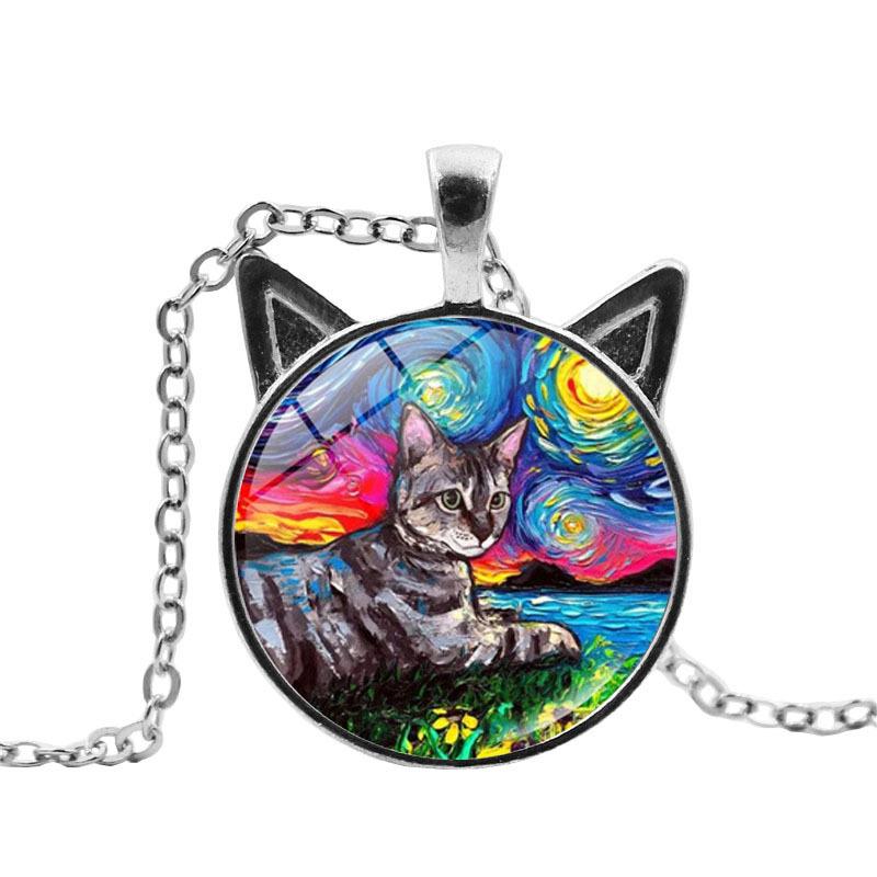 Van Gogh Starry Sky Starry Night Kitten Necklace Women's Versatile Black Cat Ear Pendant European and American